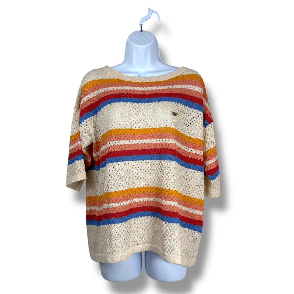US Polo Assn. Top Womens Small Cream Rainbow Stripe Retro Kinit Pullover Coastal